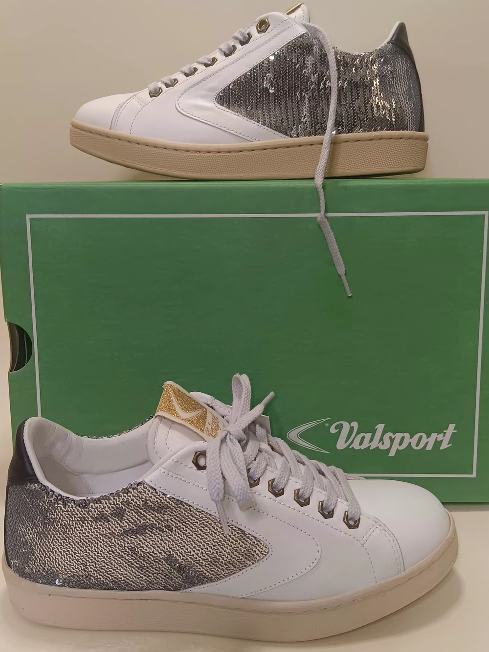Women's White Sneakers with Silver Sequin Panels